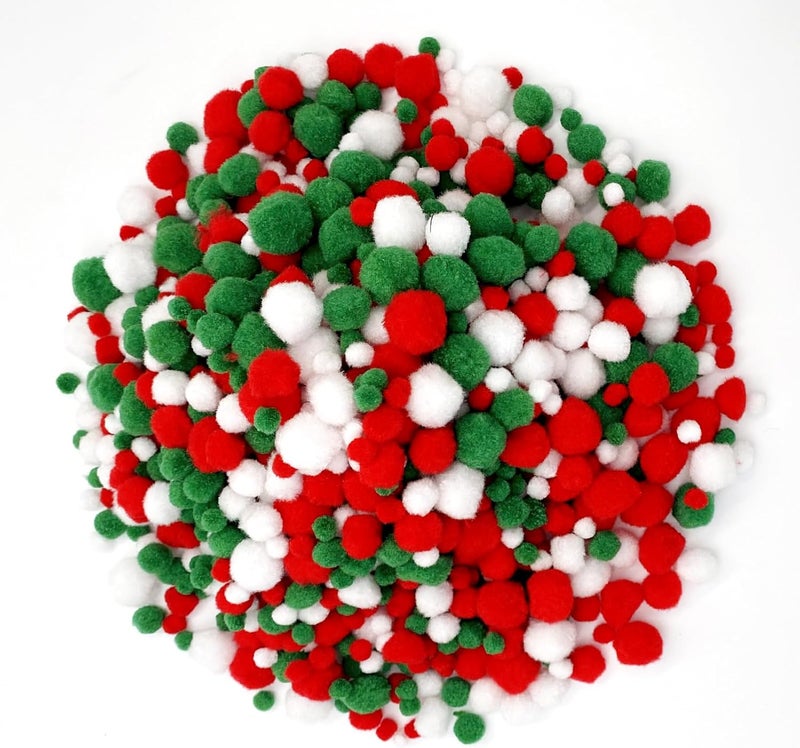 Allruyee 1500 Pieces Christmas Pom Xmas Craft Pom Pom Balls for Art Making and Hobby Supplies (4 Sizes, White, Red, Green) - Image 1